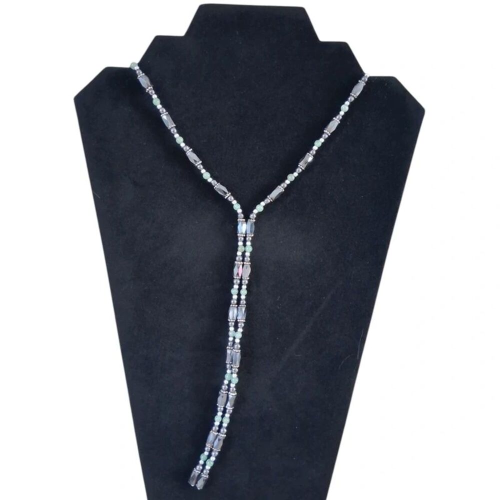 Green Gunmetal Gray Magnetic Hematite Beads Adjustable Lariat Versatile Necklace